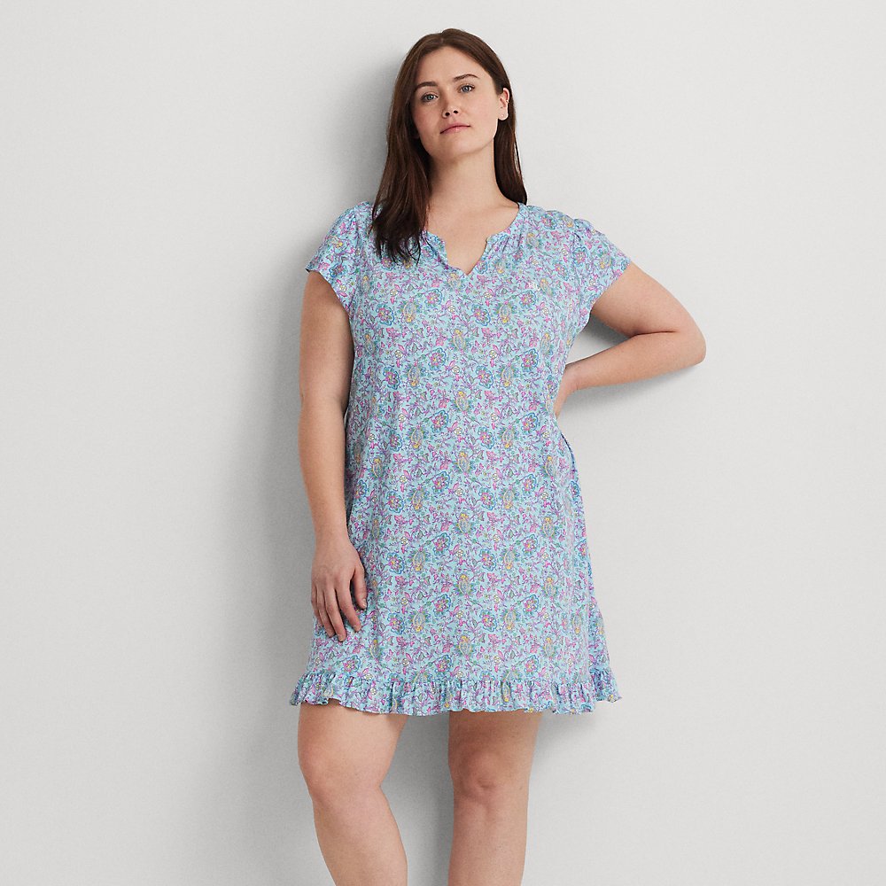 Lauren Woman Floral Jersey Flutter-sleeve Nightgown In Turquoise Print