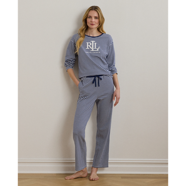 Lauren Ralph Lauren Logo Striped Interlock Pajama Set In Blue Stripe