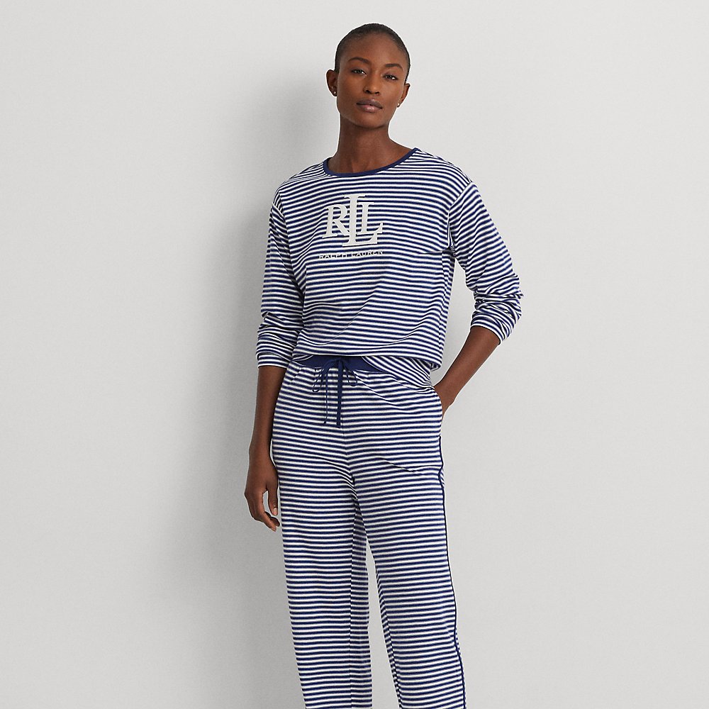 Lauren Ralph Lauren Logo Striped Interlock Pajama Set In Blue Stripe