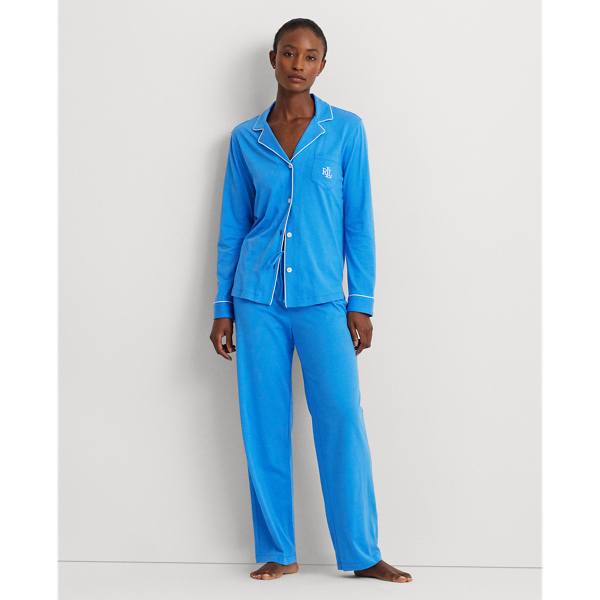 Shop Lauren Ralph Lauren Cotton-blend Jersey Sleep Set In Bright Blue