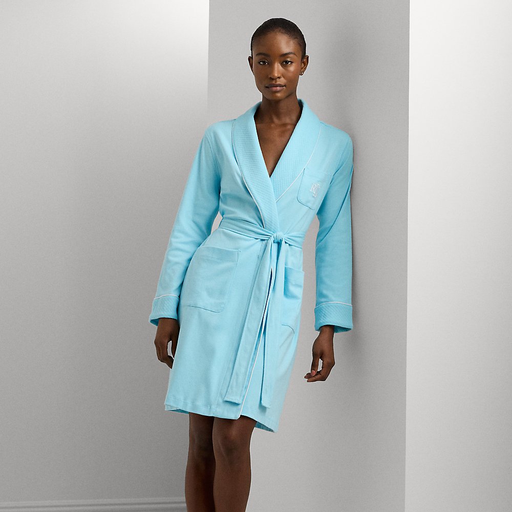 Shop Lauren Ralph Lauren Cotton Interlock Shawl-collar Robe In Turquosie