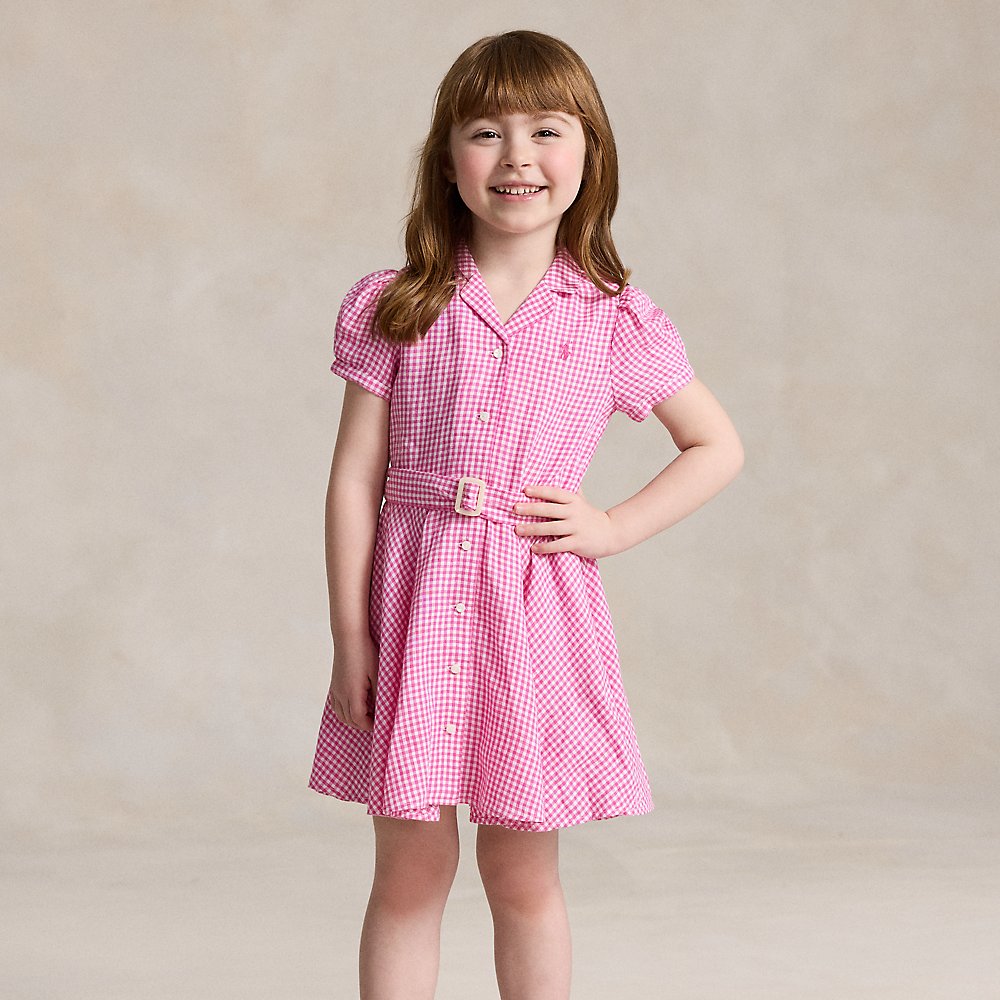 Polo Ralph Lauren Kids' Big Girls Belted Gingham Linen Dress In Belmont Pink White