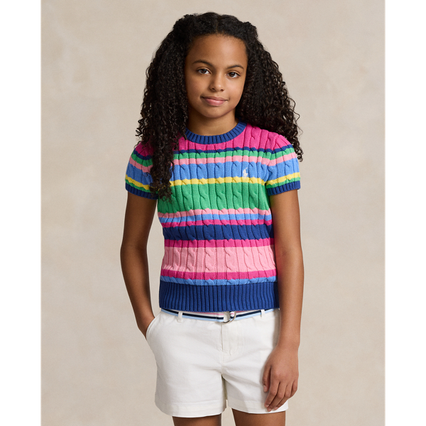 Polo Ralph Lauren Kids' Striped Cotton Short-sleeve Sweater In Beach Royal