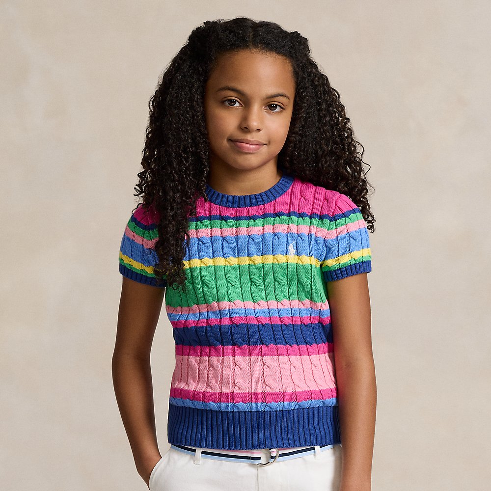 Polo Ralph Lauren Kids' Striped Cotton Short-sleeve Sweater In Beach Royal