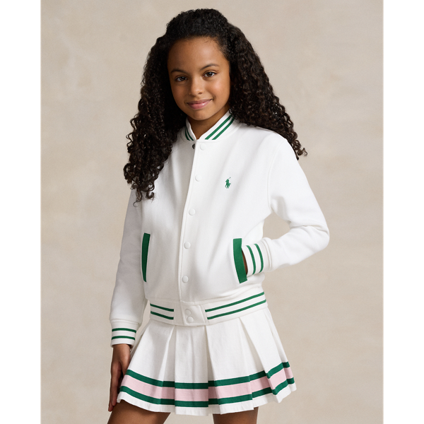 Polo Ralph Lauren Kids' Crest Double-knit Baseball Jacket In White W/ Bush Green