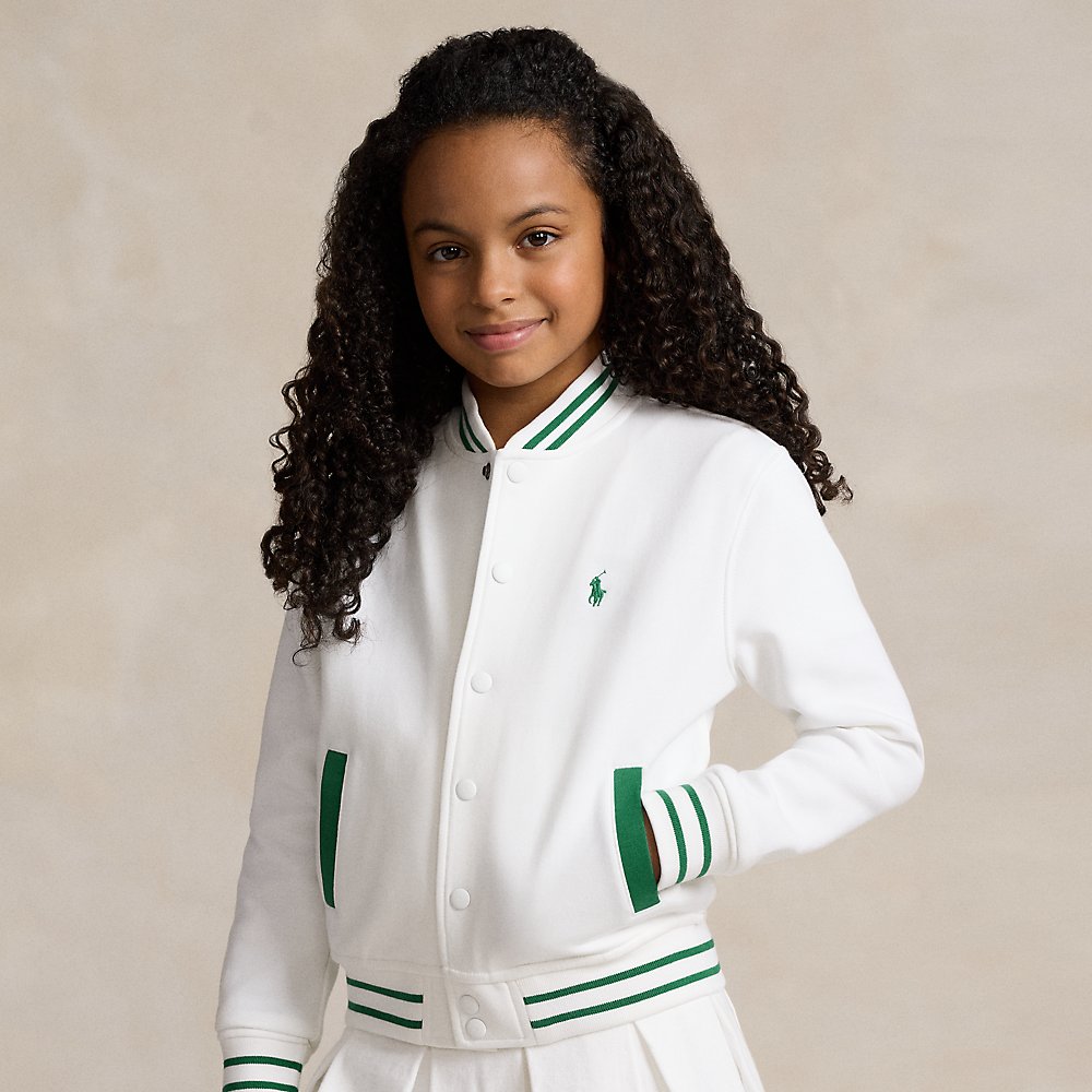 Polo Ralph Lauren Kids' Crest Double-knit Baseball Jacket In White W/ Bush Green