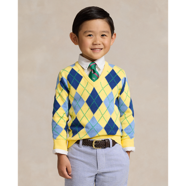 Polo Ralph Lauren Kids' Argyle Cotton V-neck Sweater In Resort Gold