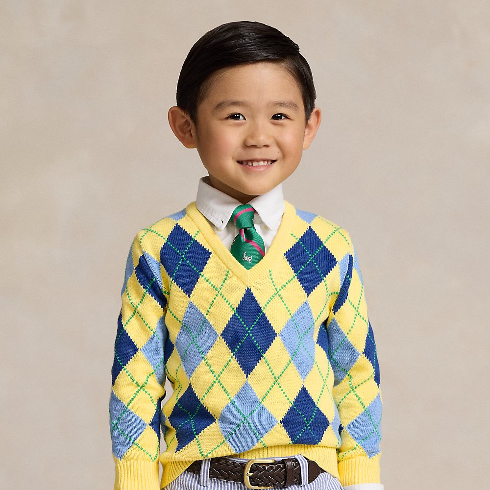 Polo Ralph Lauren Kids' Argyle Cotton V-neck Sweater In Resort Gold