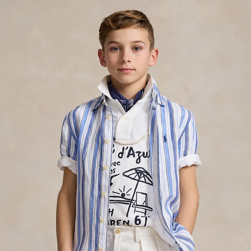 Polo Ralph Lauren Kids' Striped Linen Short-sleeve Shirt In White Blue Multi