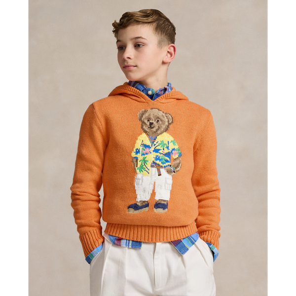Polo Ralph Lauren Kids' Polo Bear Cotton Hooded Sweater In May Orange