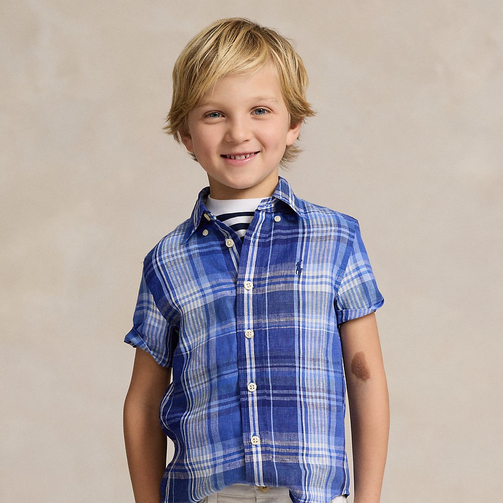 Polo Ralph Lauren Kids' Plaid Linen Short-sleeve Shirt In Blue Multi