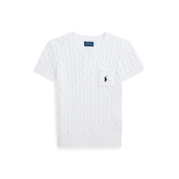 Polo Ralph Lauren Cable-knit Cotton Short-sleeve Sweater In Optic White W/ Navy