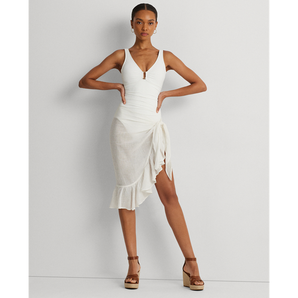 Lauren Ralph Lauren Ruffle-trim Cotton-linen Wrap Skirt In White