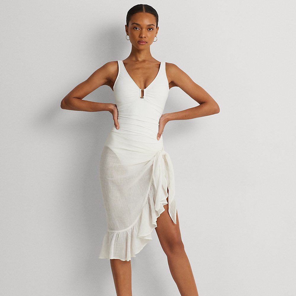 Lauren Ralph Lauren Ruffle-trim Cotton-linen Wrap Skirt In White