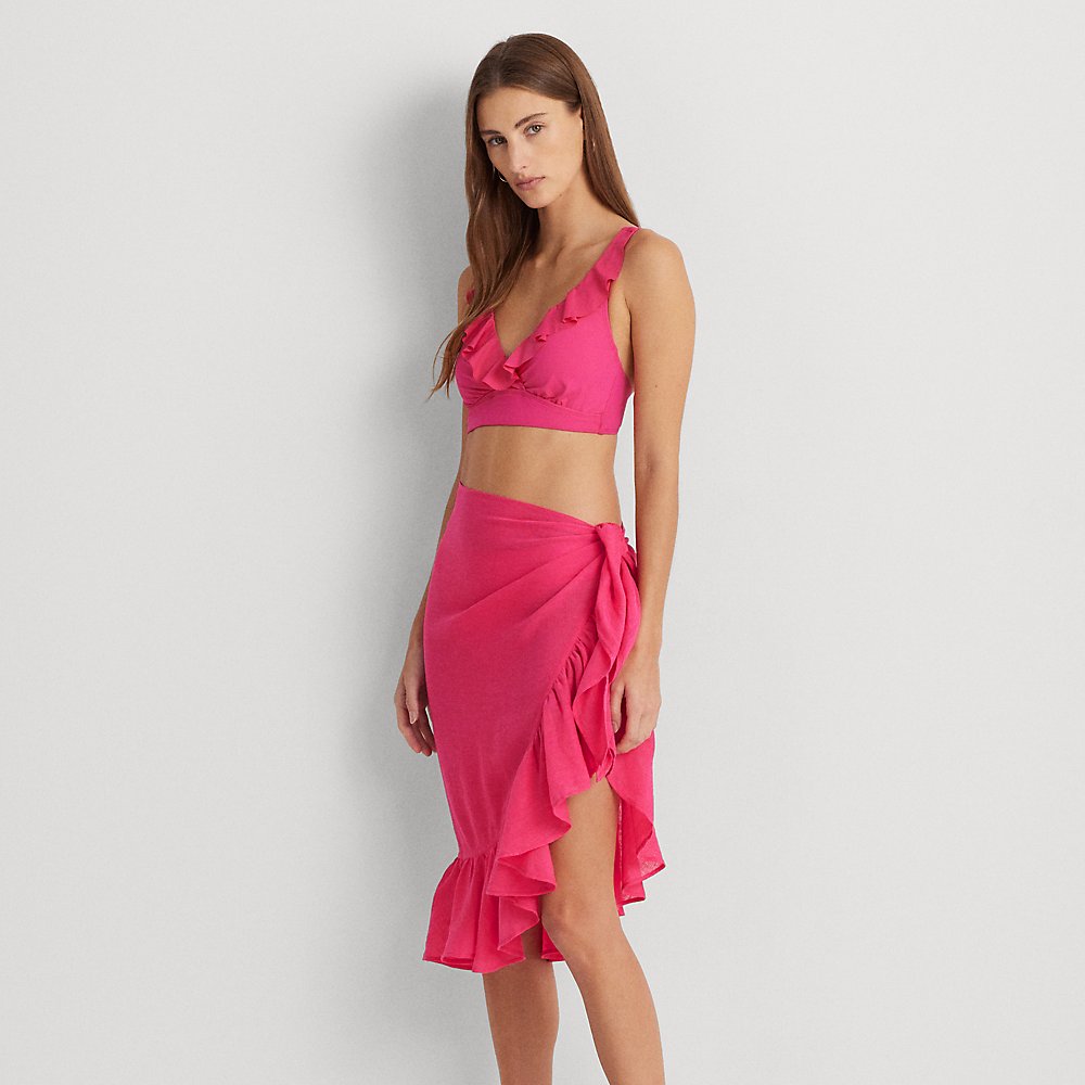 Shop Lauren Ralph Lauren Ruffle-trim Cotton-linen Wrap Skirt In Passionfruit