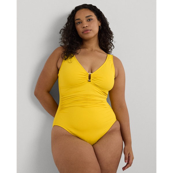 Lauren Woman Shirred Ring-front One-piece In Bright Yellow