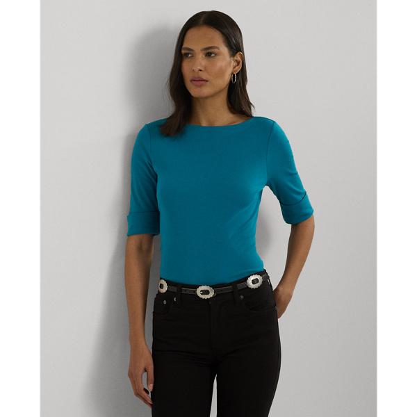 Ralph Lauren Stretch Cotton Boatneck Tee In Turquoise Sky