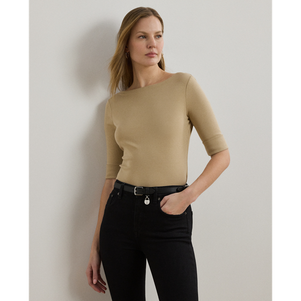 Laurèn Stretch Cotton Boatneck Tee In Neutral