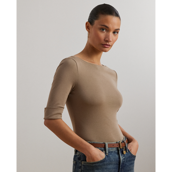 Ralph Lauren Stretch Cotton Boatneck Tee In Brown