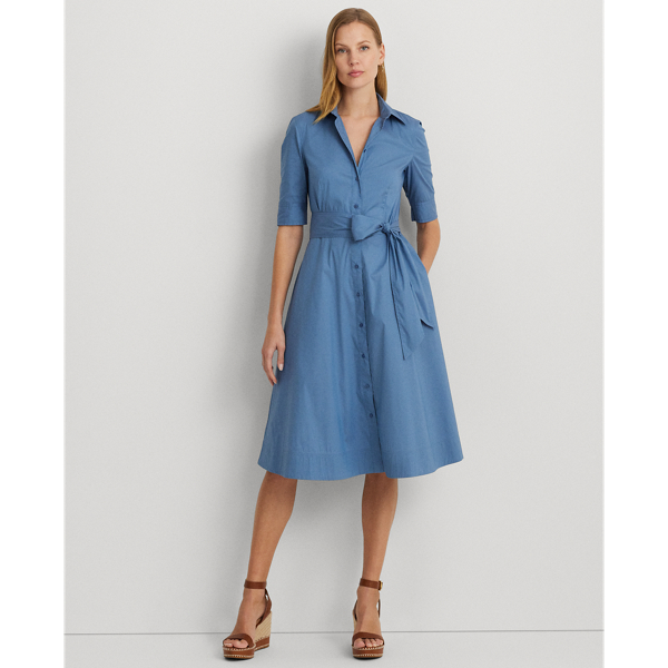 Shop Lauren Ralph Lauren Belted Cotton-blend Shirtdress In Pale Azure