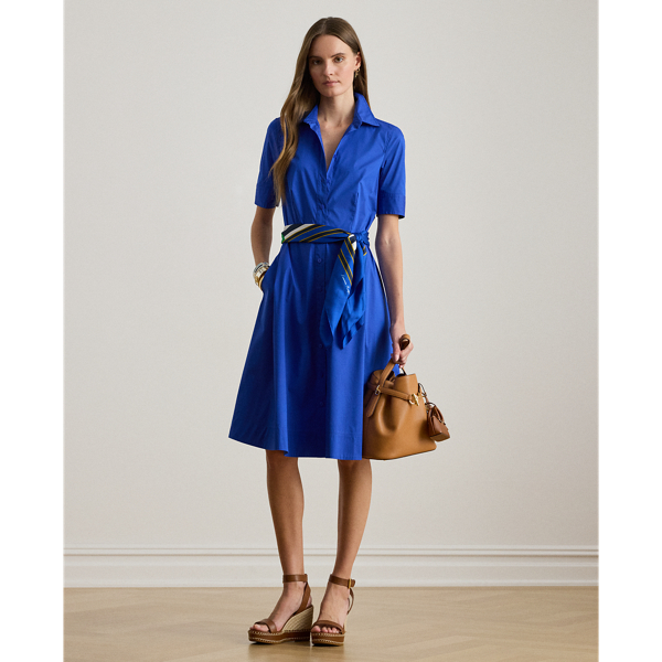 Ralph Lauren Belted Cotton-blend Shirtdress In Blue
