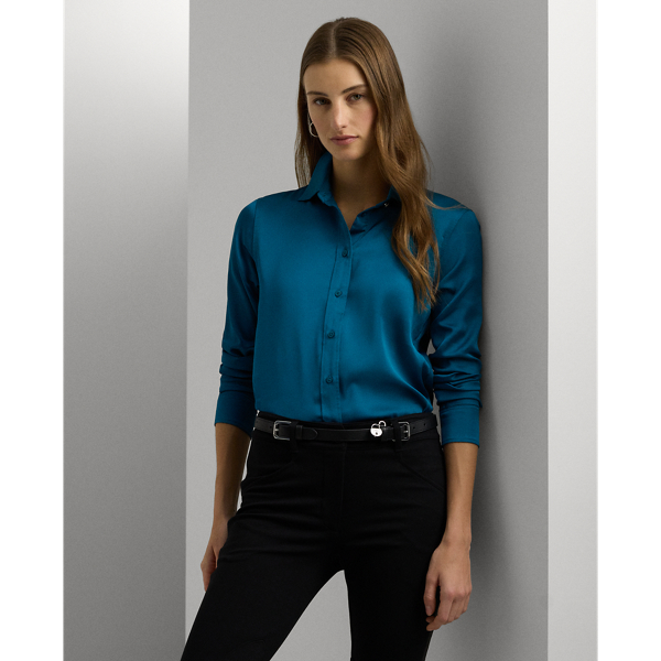 Ralph Lauren Classic Fit Satin Charmeuse Shirt In Turquoise Sky