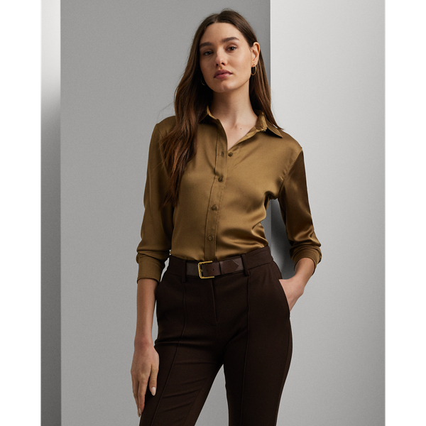 Ralph Lauren Classic Fit Satin Charmeuse Shirt In Honey Tan