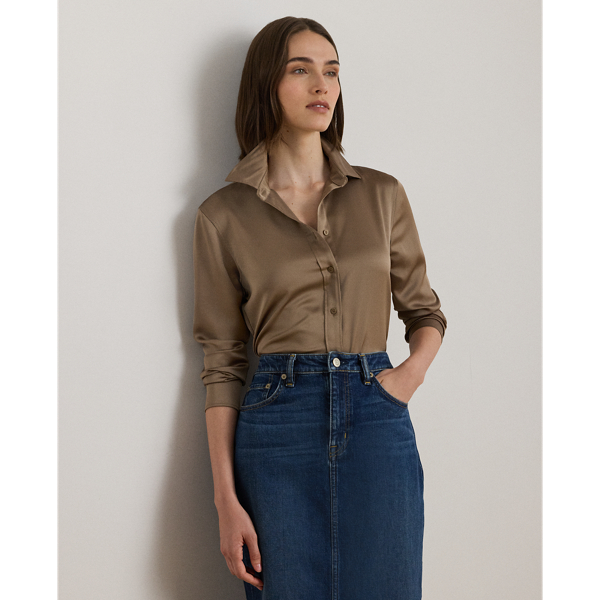 Ralph Lauren Classic Fit Satin Charmeuse Shirt In Brown