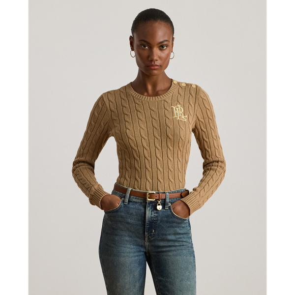 Ralph Lauren Button-trim Cable-knit Cotton Sweater In Brown