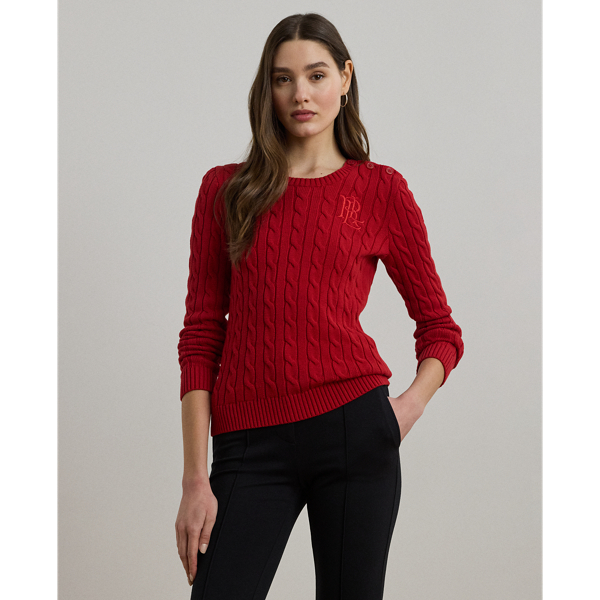 Lauren Ralph Lauren Lauren updates the classic cable-knit jumper with signature button embellishments on the shoulder and an "LRL"-embroidered logo on the chest. Cut for a slim-fitting silhouette, it's knit from combed cotton for a soft hand.