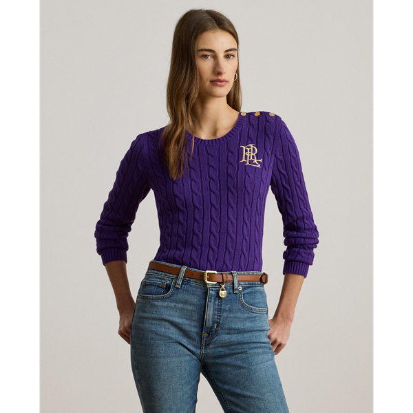Ralph Lauren Button-trim Cable-knit Cotton Sweater In Purple