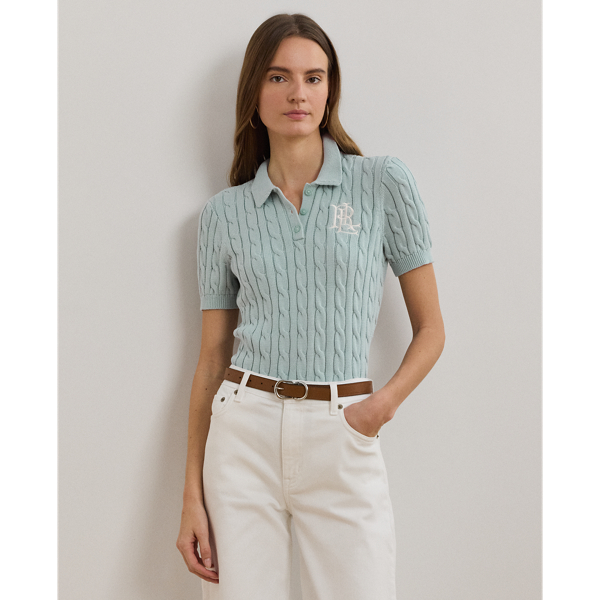 Ralph Lauren Plus Size Cable-knit Cotton Polo Sweater In Aqua Pearl