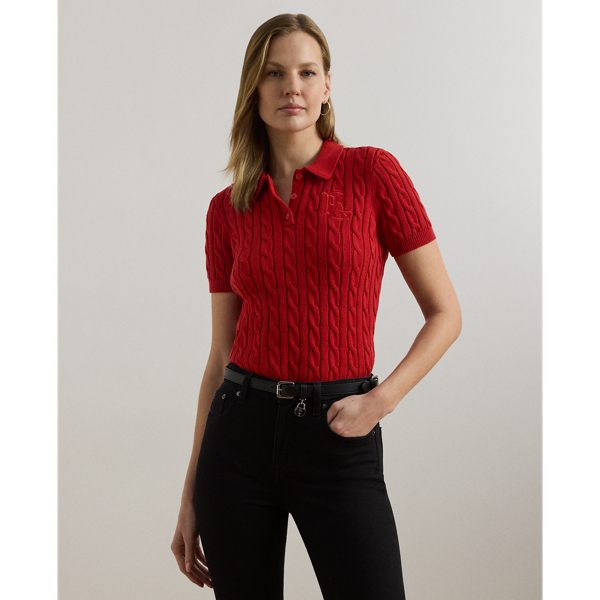 Ralph Lauren Lauren  Short Sleeve Cable Knit Cotton Polo Sweater In Red