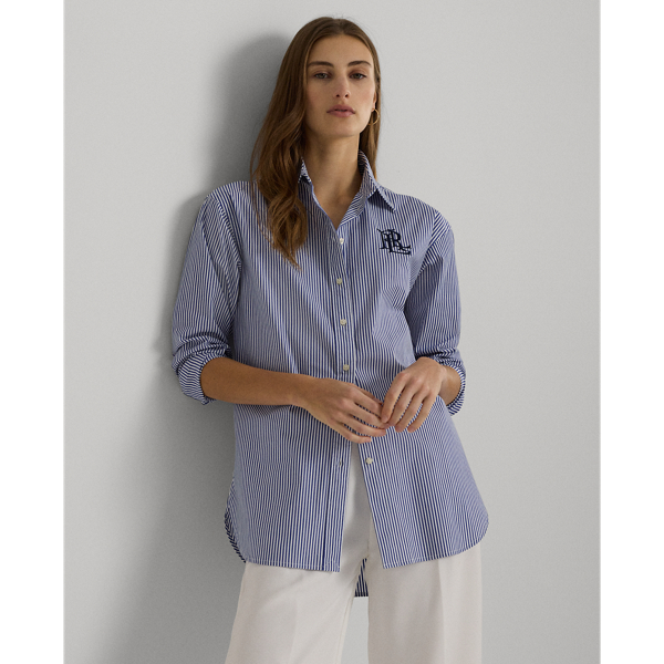 Shop Lauren Ralph Lauren Relaxed Fit Striped Stretch Cotton Shirt In Blue/white