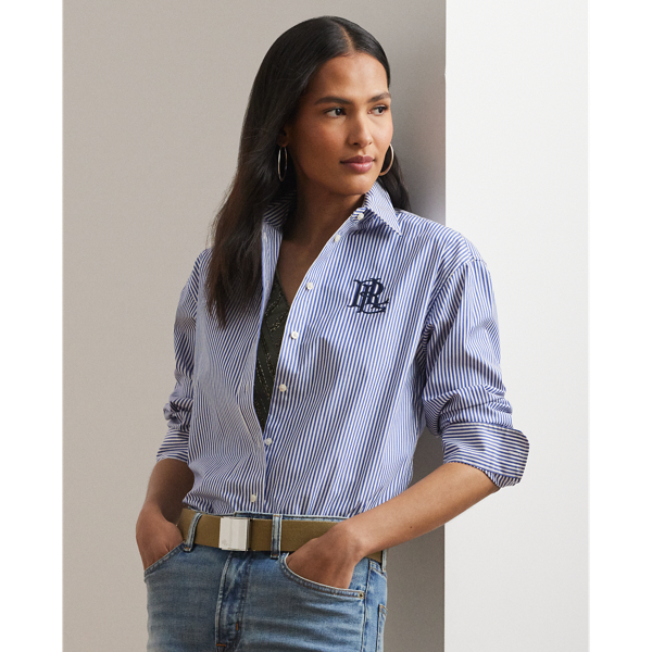 Shop Lauren Ralph Lauren Relaxed Fit Striped Stretch Cotton Shirt In Blue/white