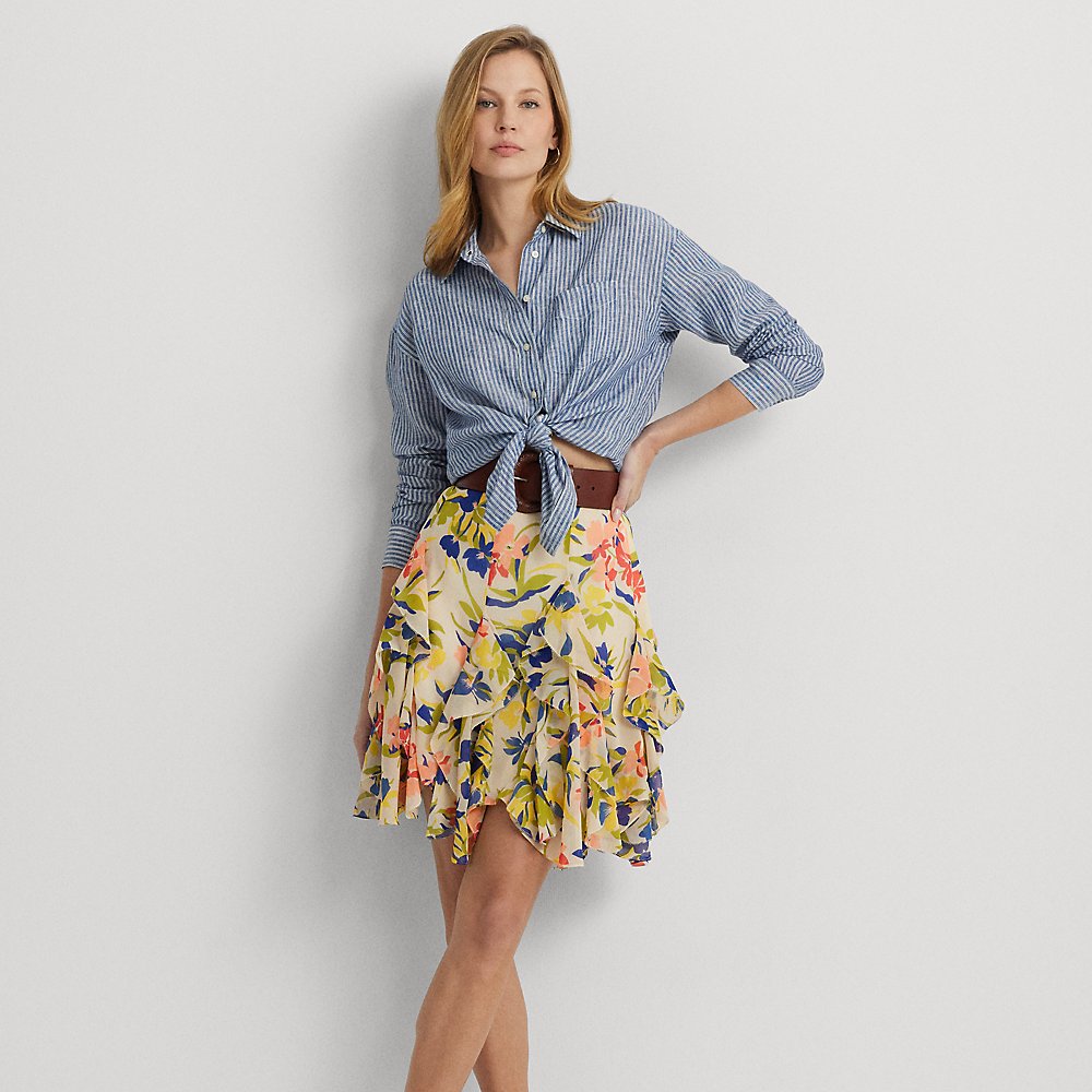 Shop Lauren Ralph Lauren Floral Ruffle-trim Georgette Skirt In Cream/blue Multi