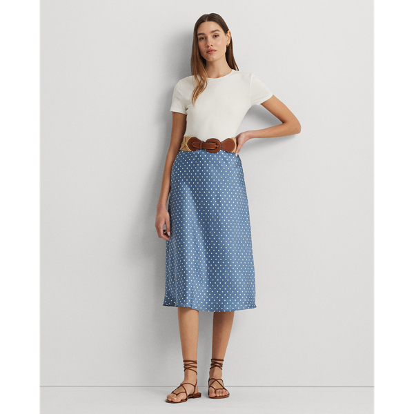 Shop Lauren Ralph Lauren Polka-dot Satin Charmeuse Midi Skirt In Blue/cream