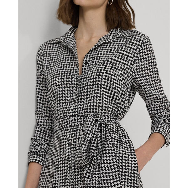 LAUREN RALPH LAUREN】ハウンドトゥース ベルテッド クレープ シャツ 