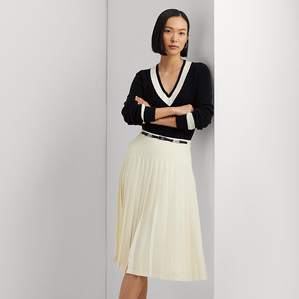 Shop Lauren Ralph Lauren Belted Pleated Georgette Skirt In Mascarpone Cream