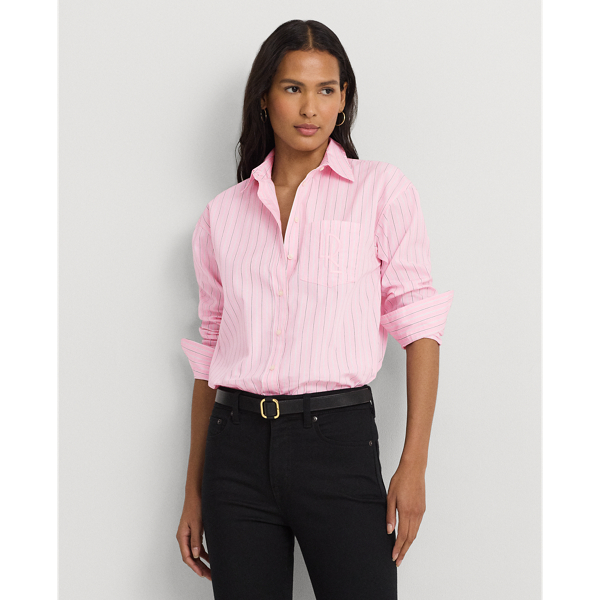 Shop Lauren Ralph Lauren Relaxed Fit Striped Broadcloth Shirt In Pink/white Multi