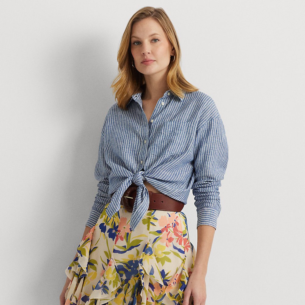 Shop Lauren Ralph Lauren Relaxed Fit Pinstripe Linen Shirt In Blue/white