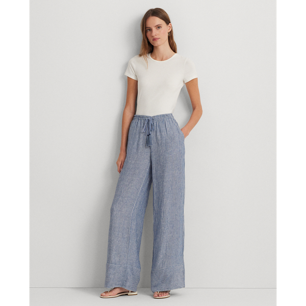 Shop Lauren Ralph Lauren Pinstripe Linen Wide-leg Pant In Blue/white