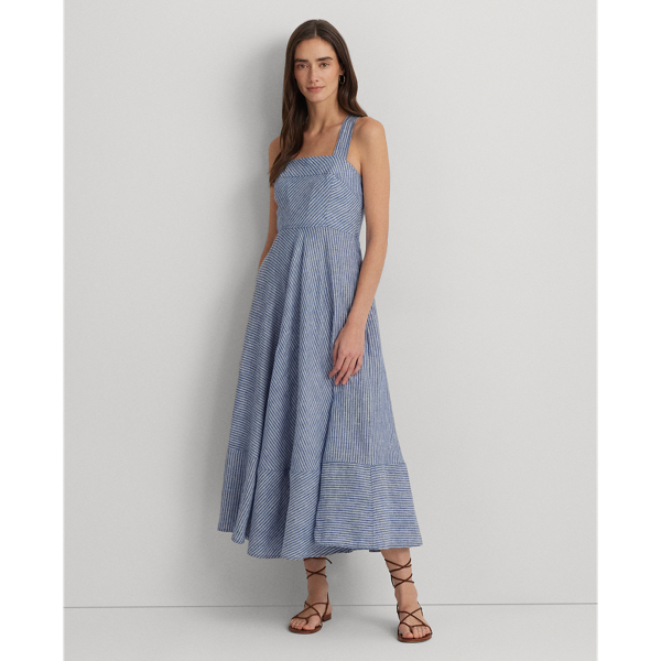 Lauren Ralph Lauren Pinstripe Linen Sleeveless Dress In Blue/white
