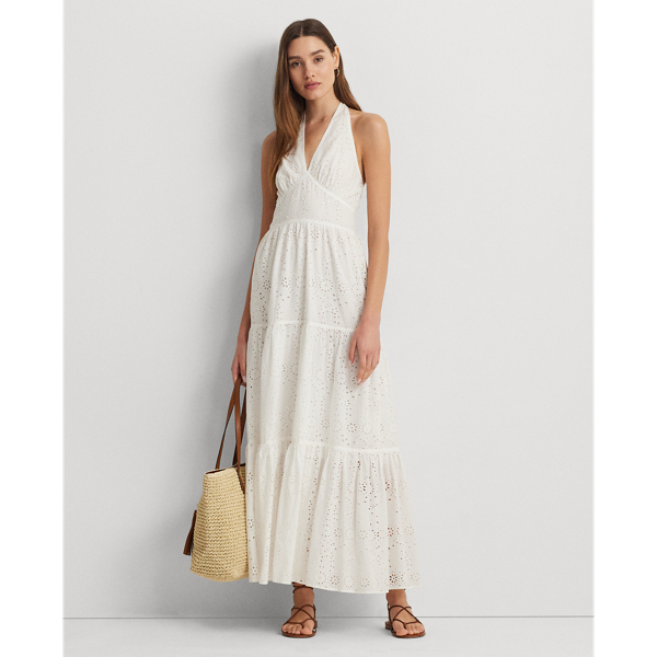 Shop Lauren Ralph Lauren Eyelet Cotton Tiered Halter Dress In White