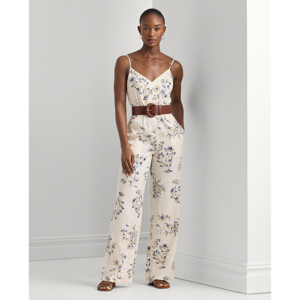 Lauren Ralph Lauren Floral Linen Belted Wide-leg Jumpsuit In Blue Multi