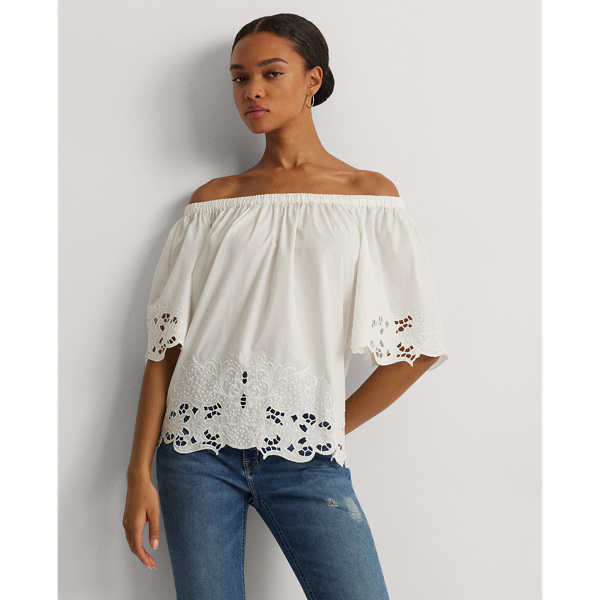 Shop Lauren Ralph Lauren Eyelet Cotton Off-the-shoulder Blouse In White