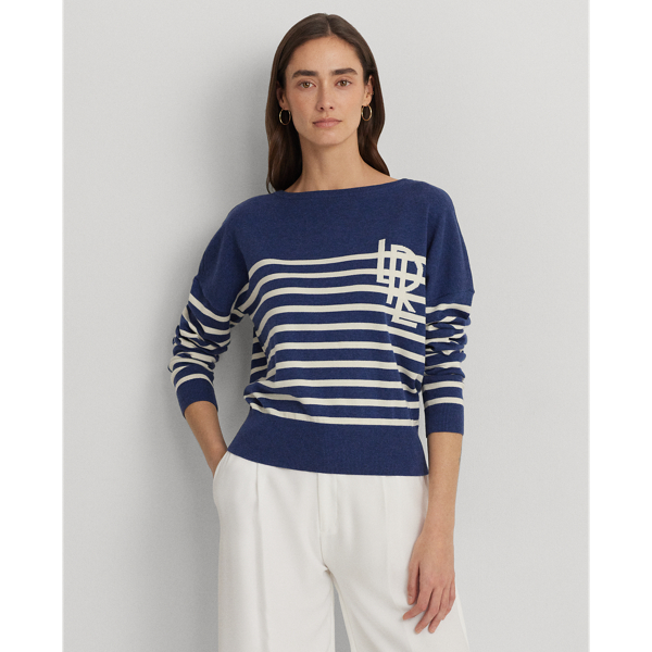 Lauren Ralph Lauren Logo Striped Cotton Boatneck Sweater In Indigo Dusk Heather/cream