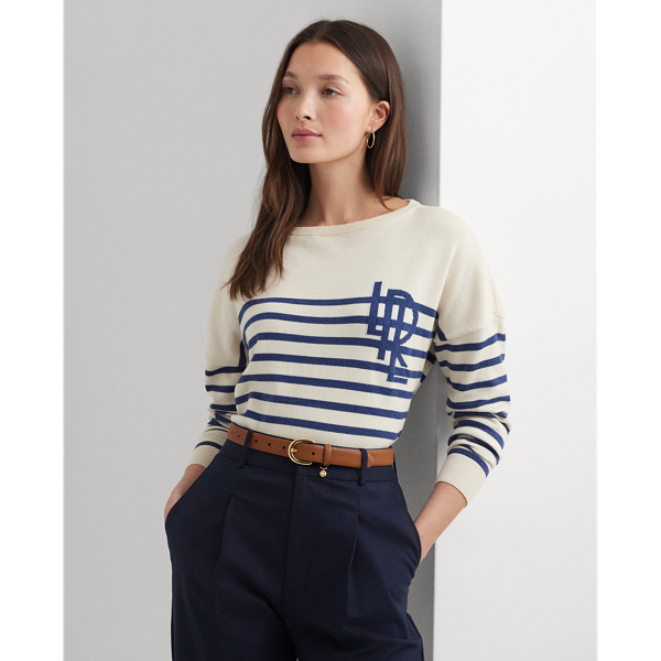 LAUREN RALPH LAUREN】ロゴ ストライプド コットン ボートネック  