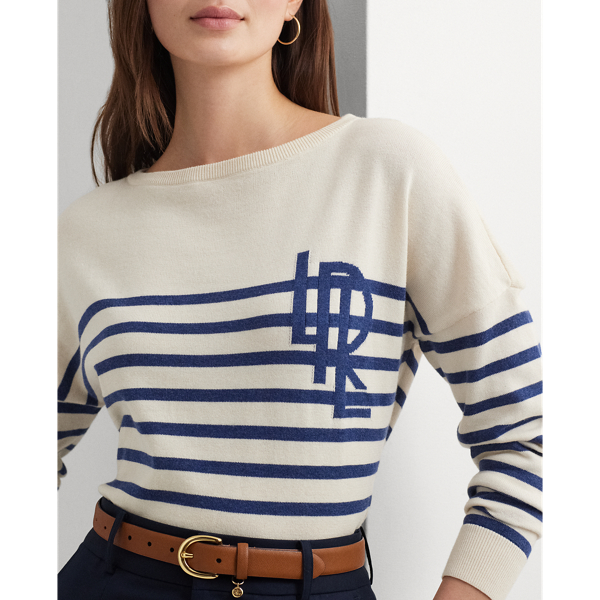 LAUREN RALPH LAUREN】ロゴ ストライプド コットン ボートネック 