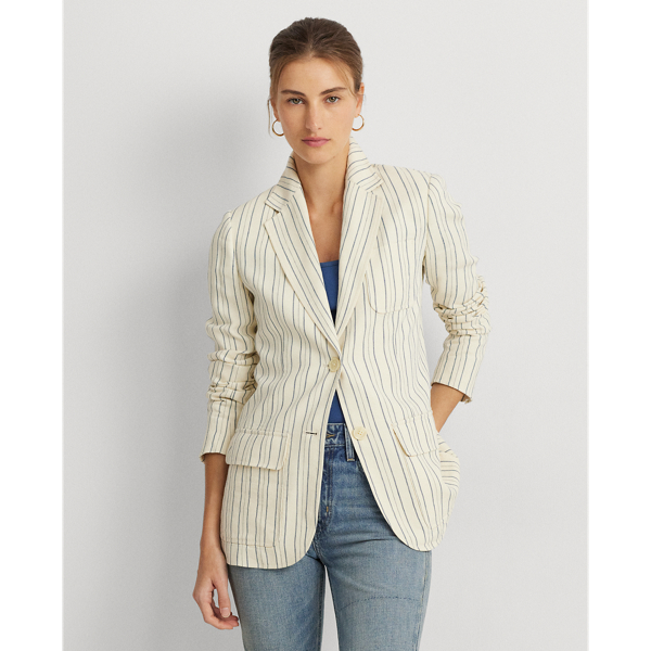 Shop Lauren Ralph Lauren Striped Cotton-blend Blazer In Cream/blue